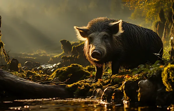 Light, nature, stones, shore, boar, pond, AI art, neural network