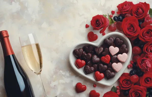 Love, flowers, holiday, wine, heart, glass, bottle, roses
