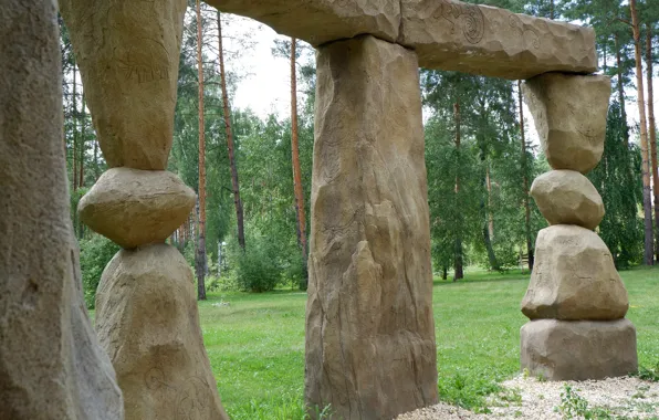 Green, stones, artifact, round, birch, stonehenge, beige, ancient