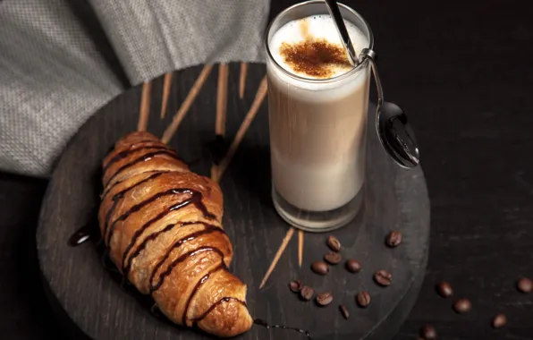 Glass, coffee, food, chocolate, spoon, fabric, croissant