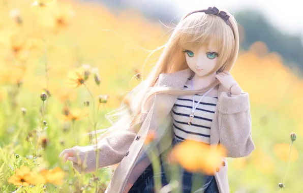 Girl, flowers, toy, doll