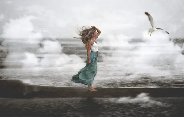Picture sea, girl, bird, shore