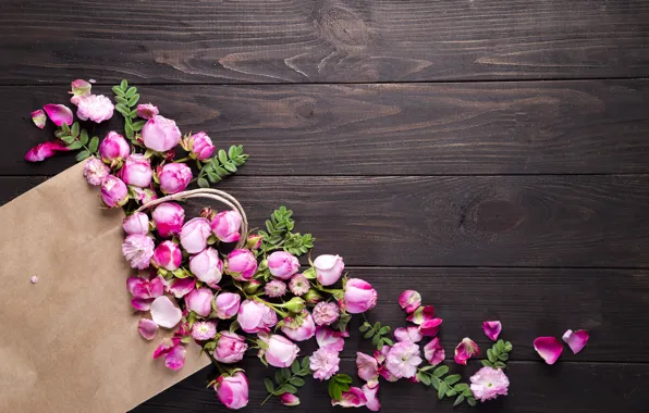 Flowers, roses, bouquet, pink, buds, wood, pink, flowers
