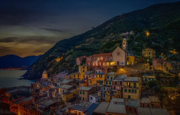 Building, home, the evening, Italy, Church, Italy, The Ligurian sea, Vernazza