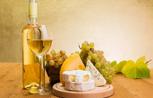 Picture wine, white, glass, bottle, cheese, grapes, Dor blue, Camembert