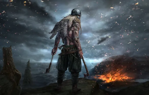 Axe, fire, flame, blood, weapon, man, blade, warrior