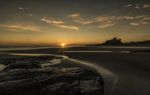 Sunset, castle, England, Northumberland, Bamburgh