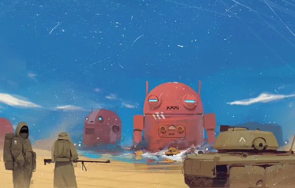 Picture robot, soldiers, tank