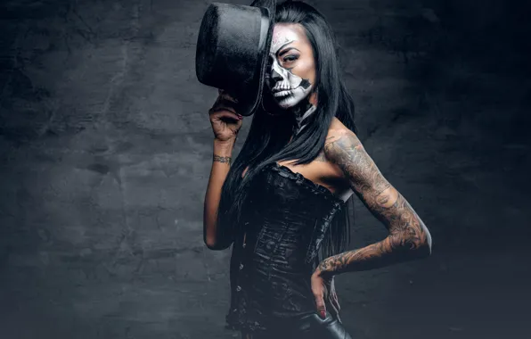 Woman, tattoos, makeup, hatter, day of the dead