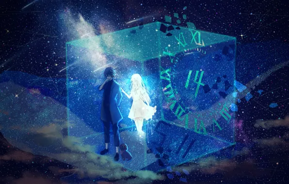 Girl, space, fiction, kit, dog, cube, guy