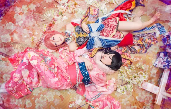 Look, girl, pose, style, background, two, pair, costume