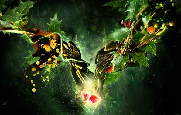 Butterfly, cherry, collage, Leaves