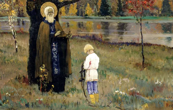 Picture grass, lake, Nesterov, Mikhail Vasilyevich, The vision of young Bartholomew