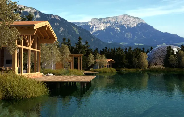 Mountains, lake, home, the dome, neuberger worlds, day view