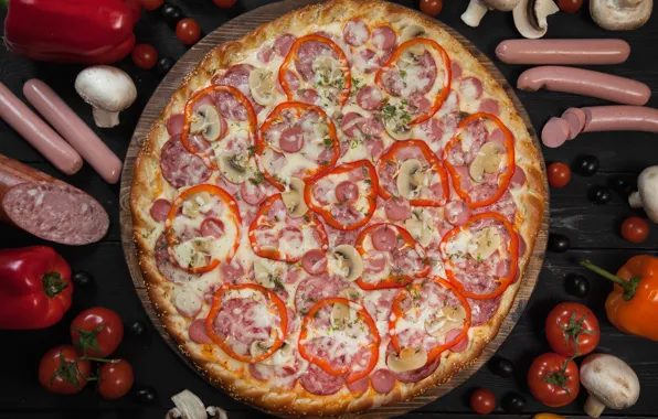 Mushrooms, sausage, cheese, pepper, pizza, tomatoes, sausage, olives