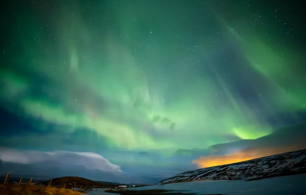 Picture snow, mountains, night, lights, Scandinavia