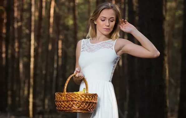 Trees, pose, basket, model, hand, portrait, makeup, figure