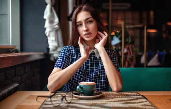 Picture look, girl, face, hands, glasses, mug, Cup, cafe