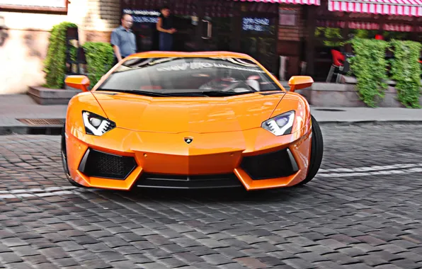 Picture orange, pavers, lamborghini, the front, orange, Kiev, headlights, aventador