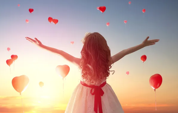 Love, sunset, heart, girl, love, heart, romantic, balloon