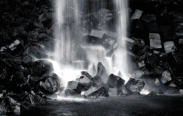 Stones, waterfall, black and white, black and white