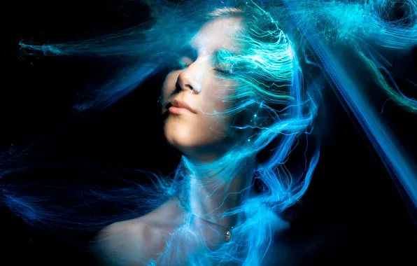 Girl, light, line, abstraction, face, style, blue, color