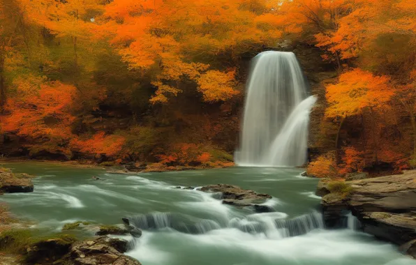 Autumn, trees, foliage, waterfall, AI art, neural network