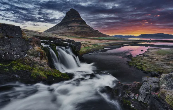 Landscape, sunset, mountains, nature, stones, waterfall, the evening, Iceland