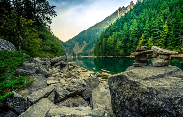 Picture forest, trees, mountains, lake, stones, rocks, Canada, Chilliwack Provincial Park