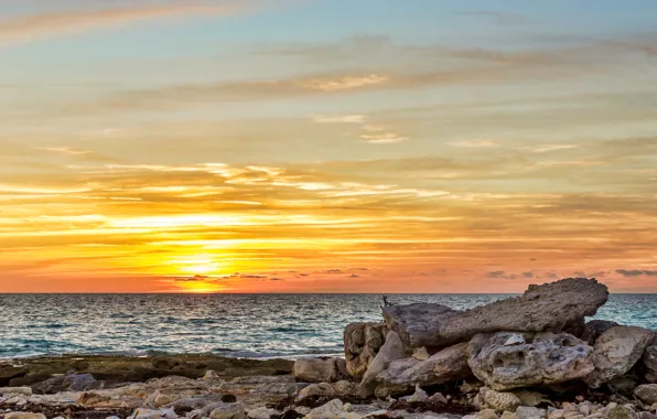 Picture sea, the sky, clouds, sunset, stones, shore, horizon