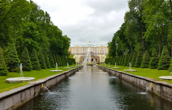 Picture summer, Park, Palace, Fountains, sculpture, tourists, Peterhof