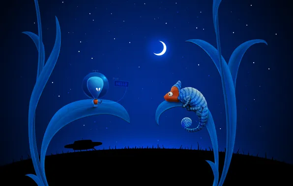 Picture chameleon, the moon, UFO, Blue, alien
