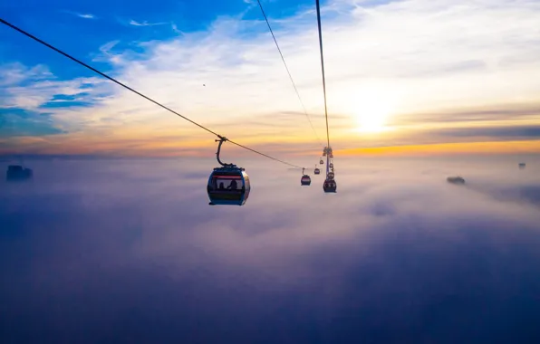 Clouds, fog, England, London, cable car, The Emirates Air Line