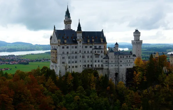 Autumn, forest, the sky, clouds, mountains, fog, river, castle