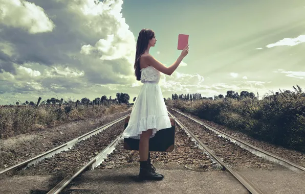 Picture girl, rails, railroad, suitcase, guide