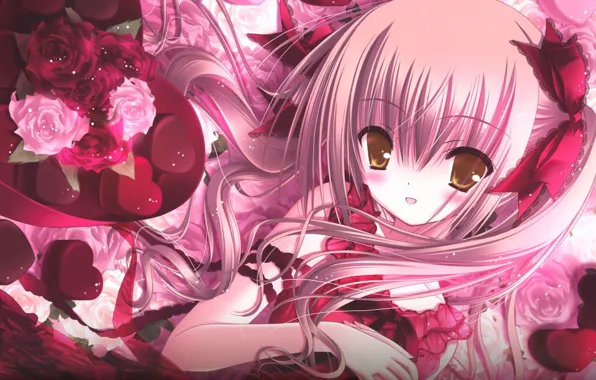 Picture girl, smile, hair, roses, eyes, candy, Anime, bow