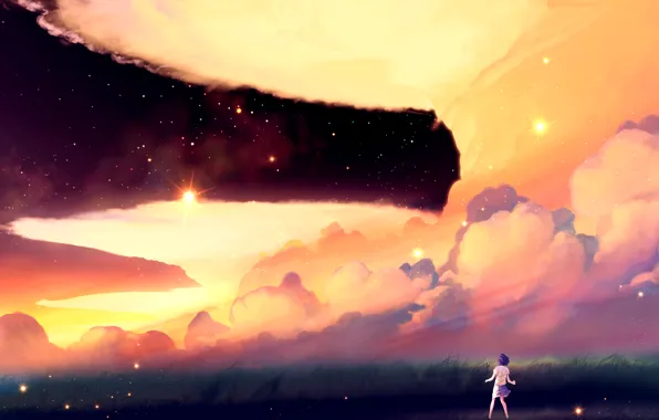 The sky, girl, the sun, stars, clouds, sunset, nature, anime