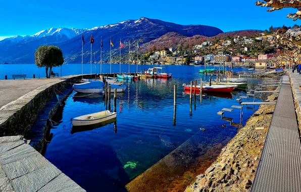 The sky, landscape, mountains, lake, boat, home, yacht, Switzerland