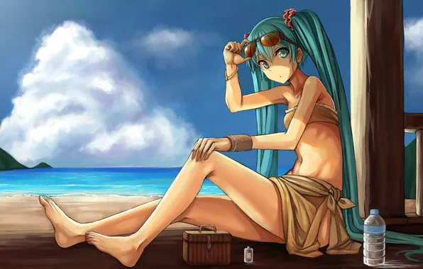 Sea, beach, water, girl, clouds, bottle, glasses, vocaloid