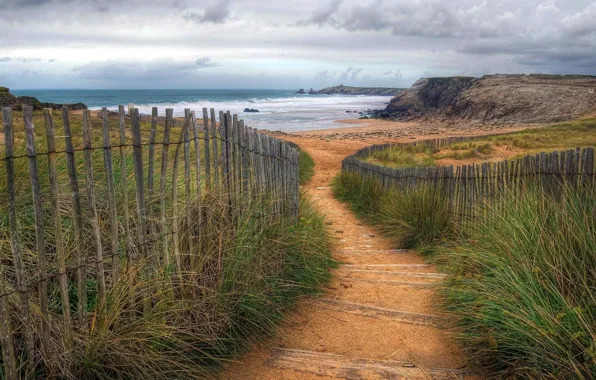 Sea, clouds, overcast, shore, the descent, France, fence, beach