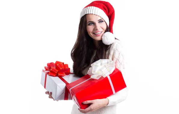 Brunette, gifts, white background, New year, cap, box