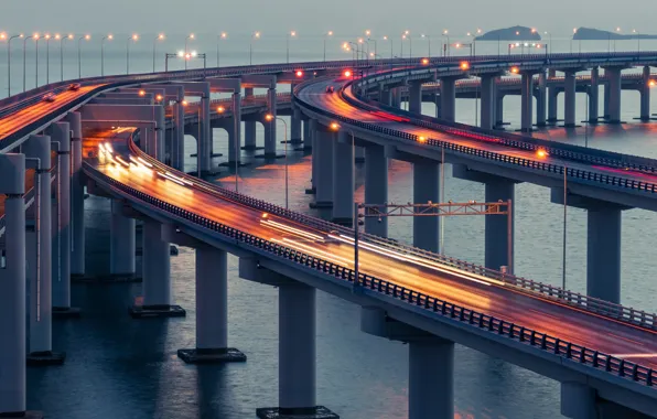 City, China, light, twilight, river, bridge, sunset, water