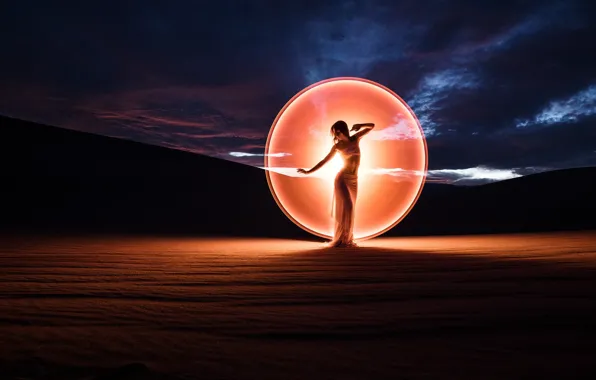 Picture girl, light, night, desert, the evening
