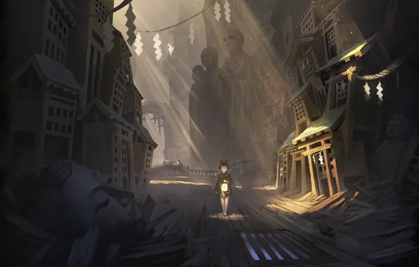 Girl, houses, statues