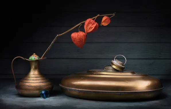 The dark background, table, Board, branch, ball, dishes, pitcher, still life