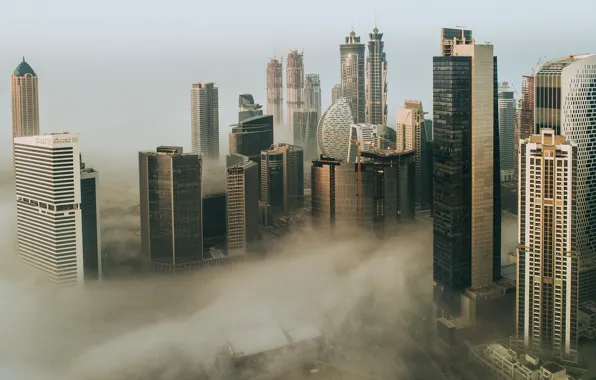 Picture the city, fog, construction, building, morning, Dubai