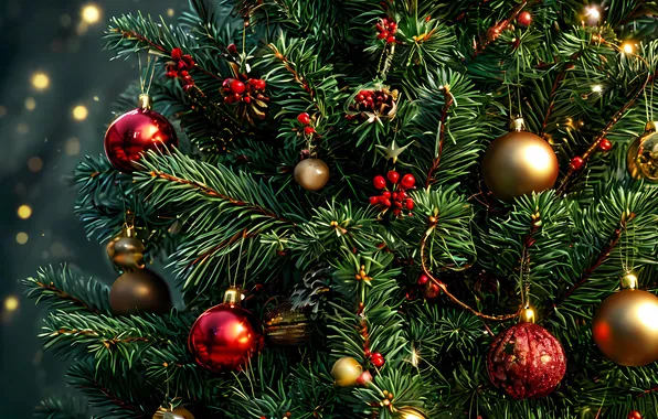 Balls, branches, berries, fruit, Christmas, red, New year, needles