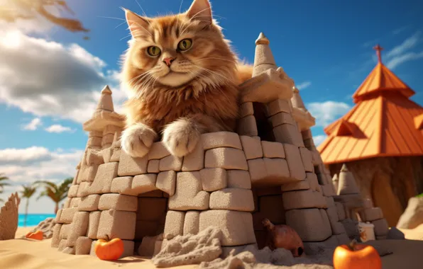 Roof, sand, sea, cat, cat, look, clouds, light