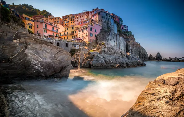 Sea, rocks, home, Italy, Manarola, Cinque Terre, The Ligurian coast