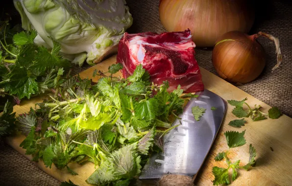 Bow, meat, still life, cabbage, nettle, on the soup